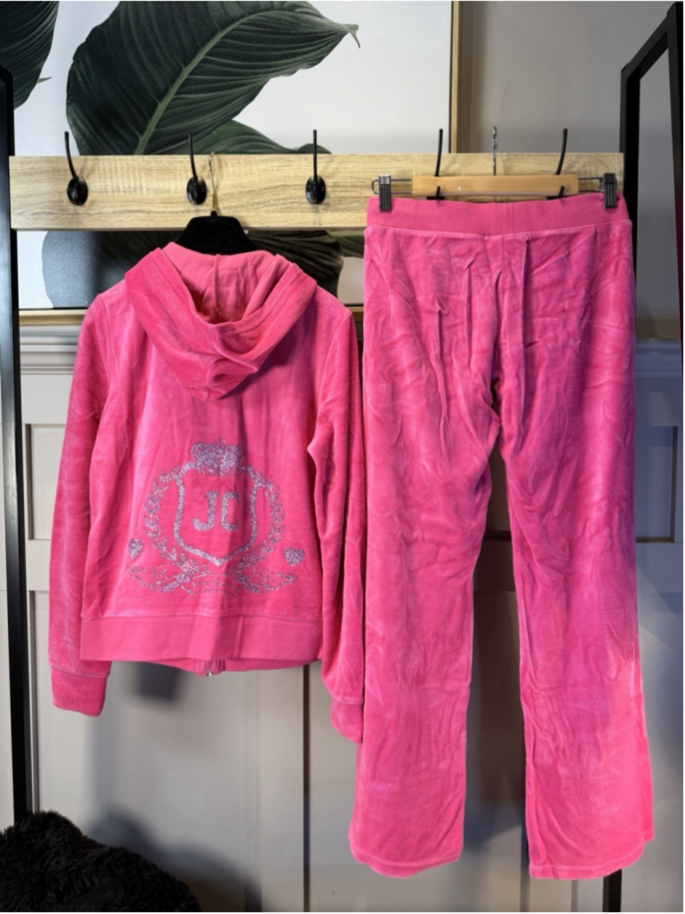 Juicy Couture Pink Velour Tracksuit Set with Rhinestone Crest
